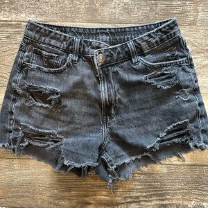 Distressed Black Denim Shorts